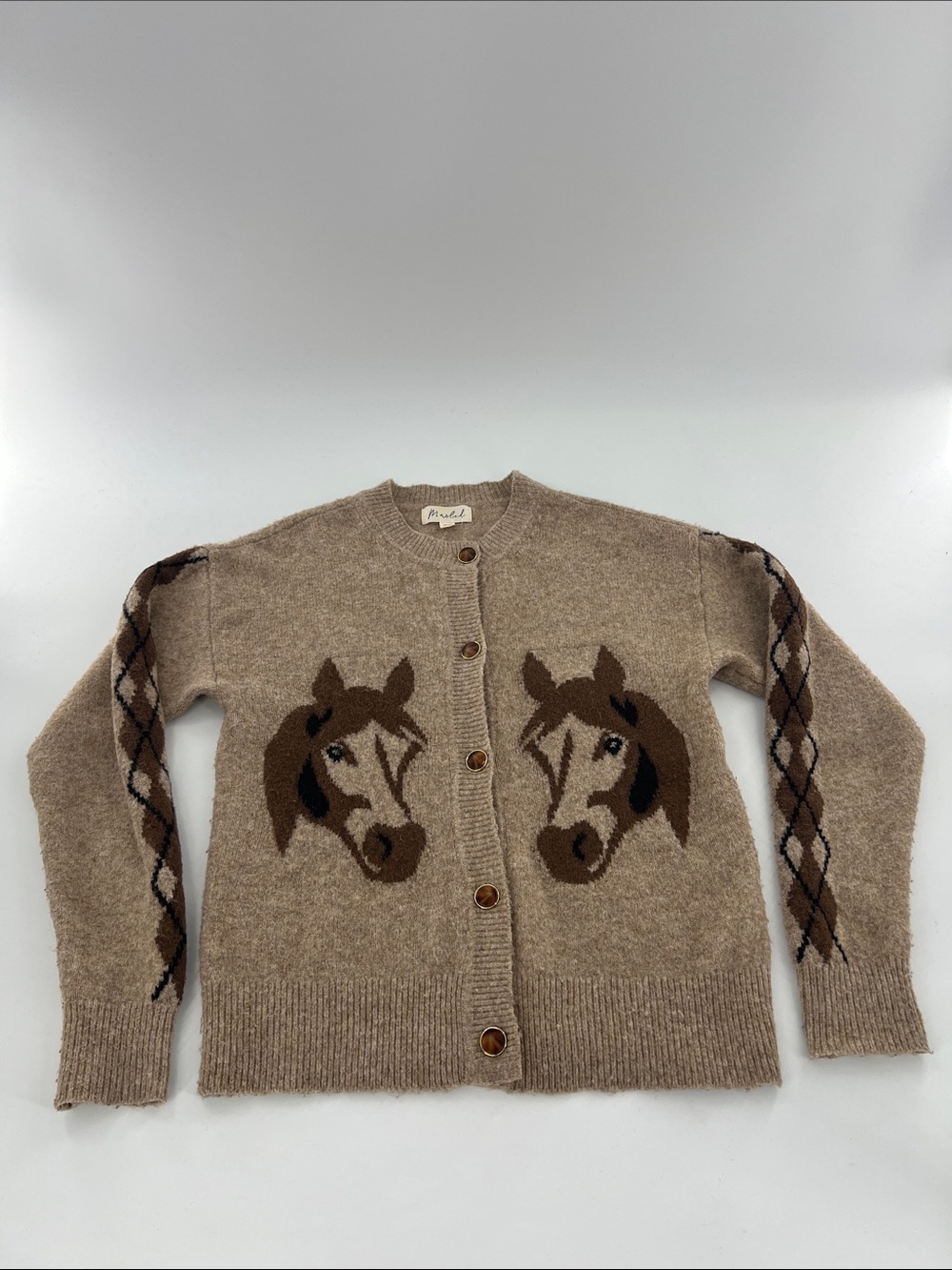 Marled Beige Horse-Intarsia Wool Blend Cardigan Sweater Western Coastal Cowgirl - Picture 2 of 7